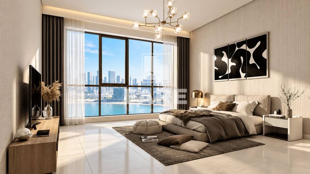 8 Minimalist Bedroom with Waterfront Skyline. png