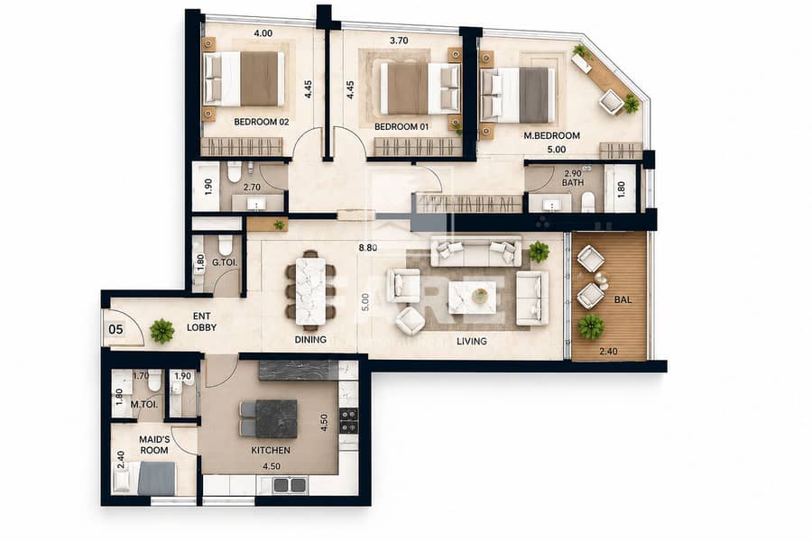 2 Modern Three-Bedroom Apartment Floor Plan. png