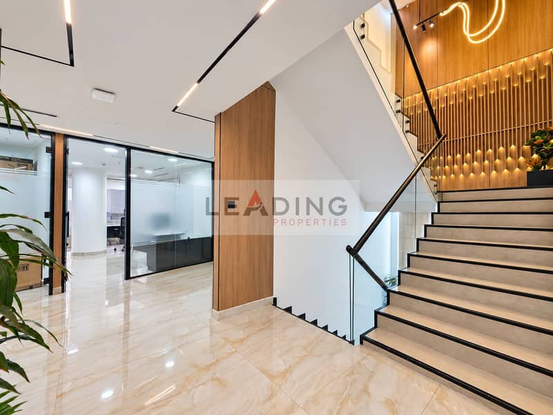 10 Elegant office staircase with warm wood accents. png