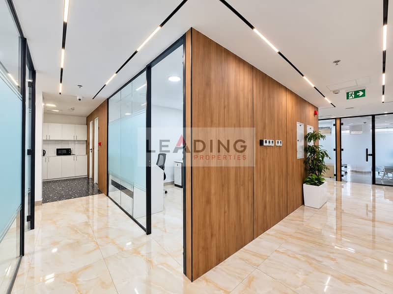 Polished office corridor with warm wood. png Polished office corridor with warm wood. png