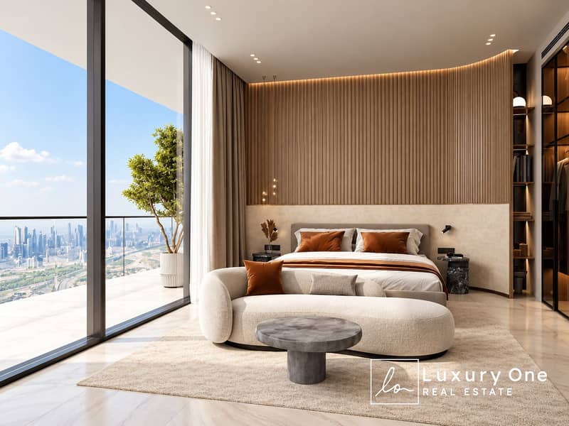 2 Luxurious Minimalist Bedroom with City View. png