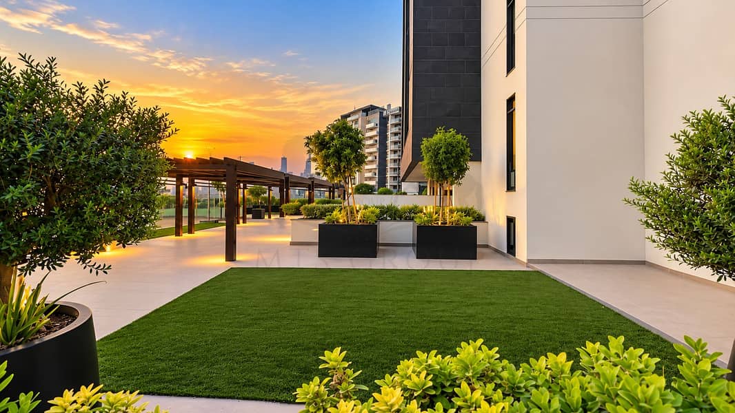 15 Luxe Sunset Courtyard with Pergola and Greenery. png
