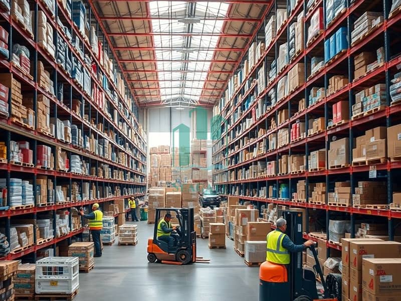 3 A_large_bustling_warehouse_environment_showcasing_the_interior_filled_with_shelves_stocked_high_with_various_products. _Workers_in_safety_vests_are_seen_organizing_items_using_forklifts_to_move_pallets. _Large_windows_. jpeg
