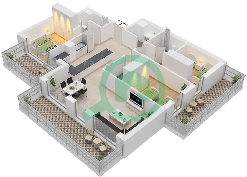 Al Raha Lofts - 3 Bedroom Apartment Type 3B-1 Floor plan image3D