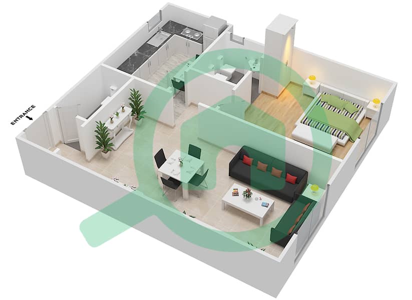 المخططات الطابقية لتصميم الوحدة 1 شقة 1 غرفة نوم - برج الندى interactive3D
