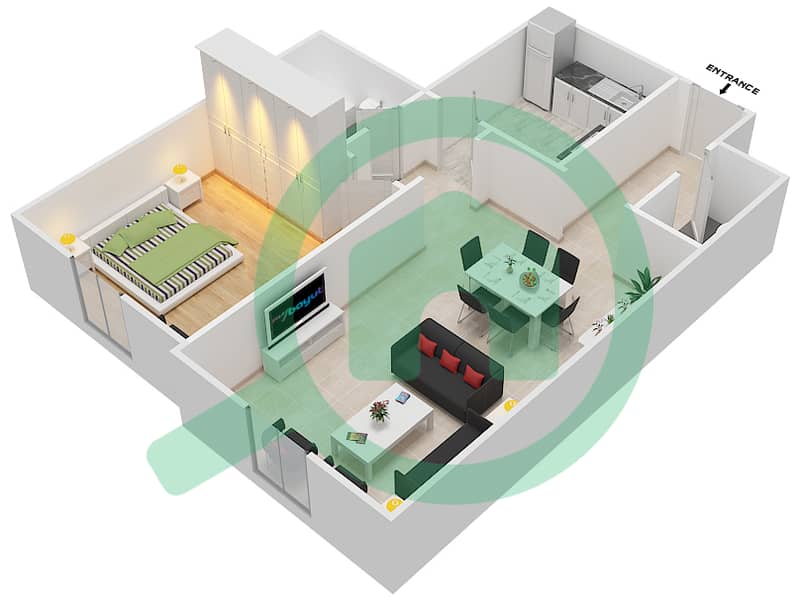 المخططات الطابقية لتصميم الوحدة 2 شقة 1 غرفة نوم - برج صن لايت interactive3D