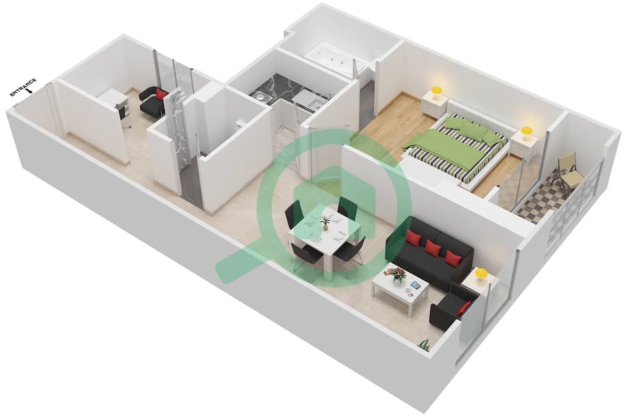 المخططات الطابقية لتصميم النموذج A شقة 1 غرفة نوم - برجي عجمان التوأم interactive3D