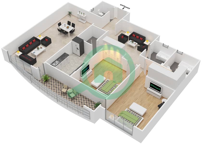 المخططات الطابقية لتصميم الوحدة 2 شقة 2 غرفة نوم - برج الأنوار interactive3D