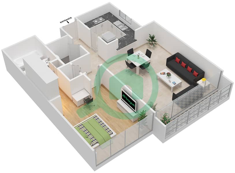 المخططات الطابقية لتصميم النموذج A شقة 1 غرفة نوم - شقق أريج interactive3D