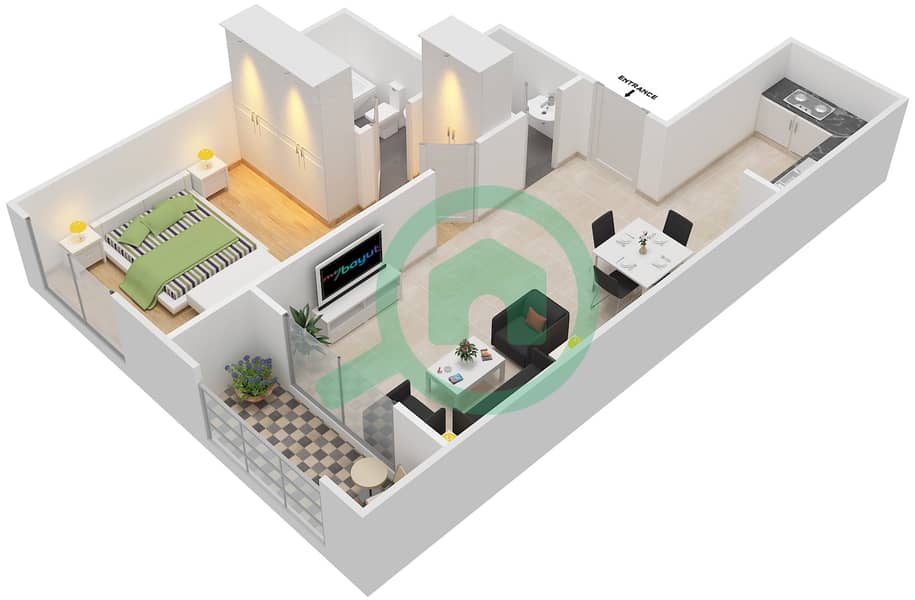 المخططات الطابقية لتصميم النموذج B شقة 1 غرفة نوم - برجي عجمان التوأم interactive3D