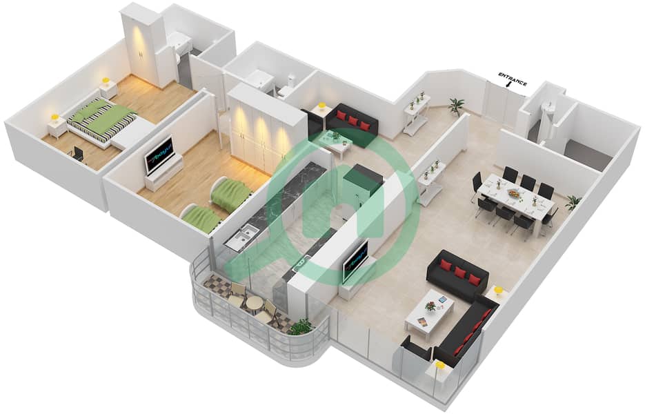 المخططات الطابقية لتصميم الوحدة 4 شقة 2 غرفة نوم - برج الأنوار interactive3D