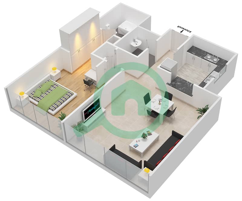 المخططات الطابقية لتصميم النموذج B شقة 1 غرفة نوم - شقق أريج interactive3D
