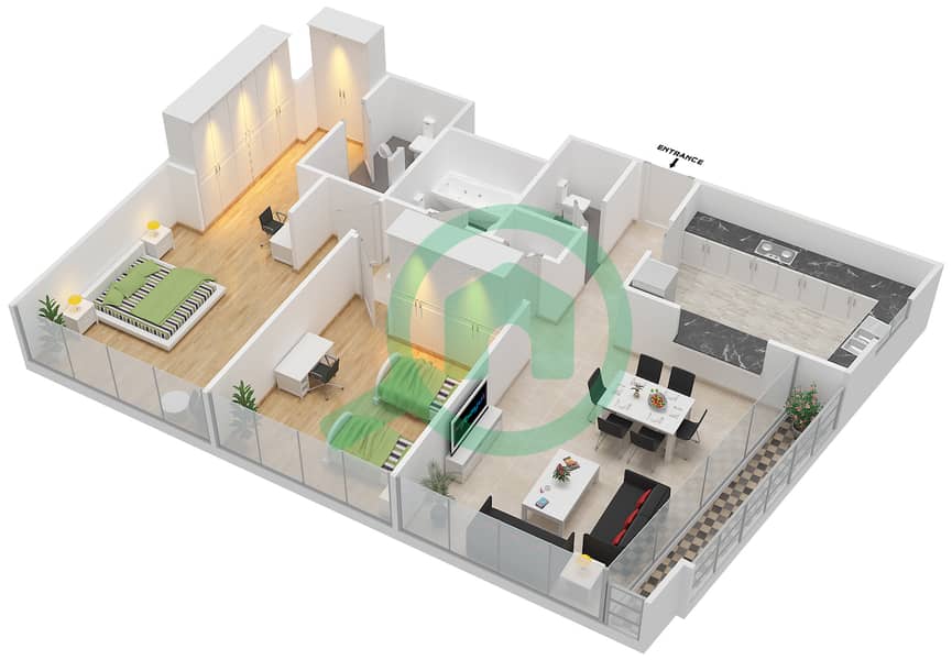 Ареея Апартаменты - Апартамент 2 Cпальни планировка Тип A interactive3D