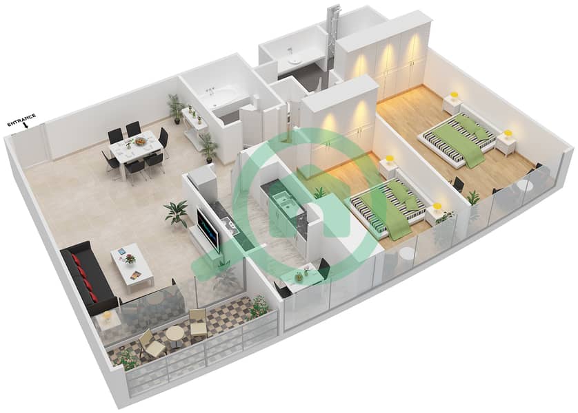 阿治曼科尼切公寓小区 - 2 卧室公寓类型2H戶型图 interactive3D