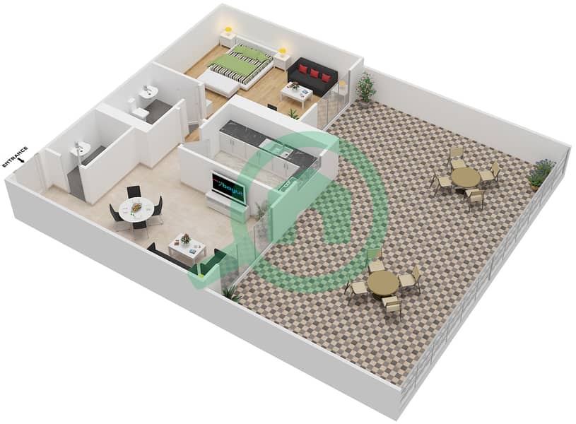 المخططات الطابقية لتصميم الوحدة 4,8 شقة 1 غرفة نوم - أبراج لؤلؤة عجمان interactive3D