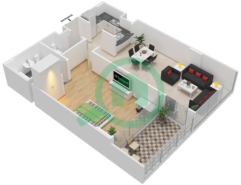 Ajman One Towers - 1 Bedroom Apartment Type A Floor plan interactive3D