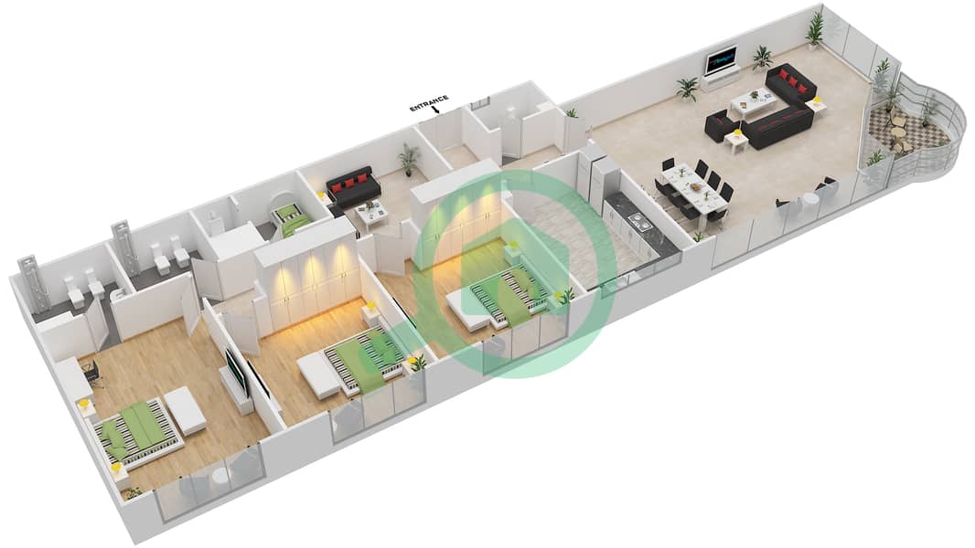 المخططات الطابقية لتصميم النموذج 3 شقة 3 غرف نوم - برج النور الشارقة interactive3D