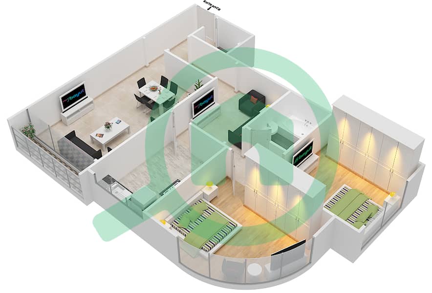المخططات الطابقية لتصميم الوحدة 3 شقة 2 غرفة نوم - برج صن لايت interactive3D