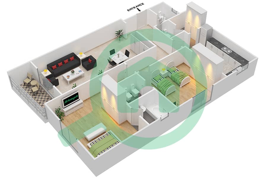 المخططات الطابقية لتصميم الوحدة 7 شقة 2 غرفة نوم - برج الندى interactive3D