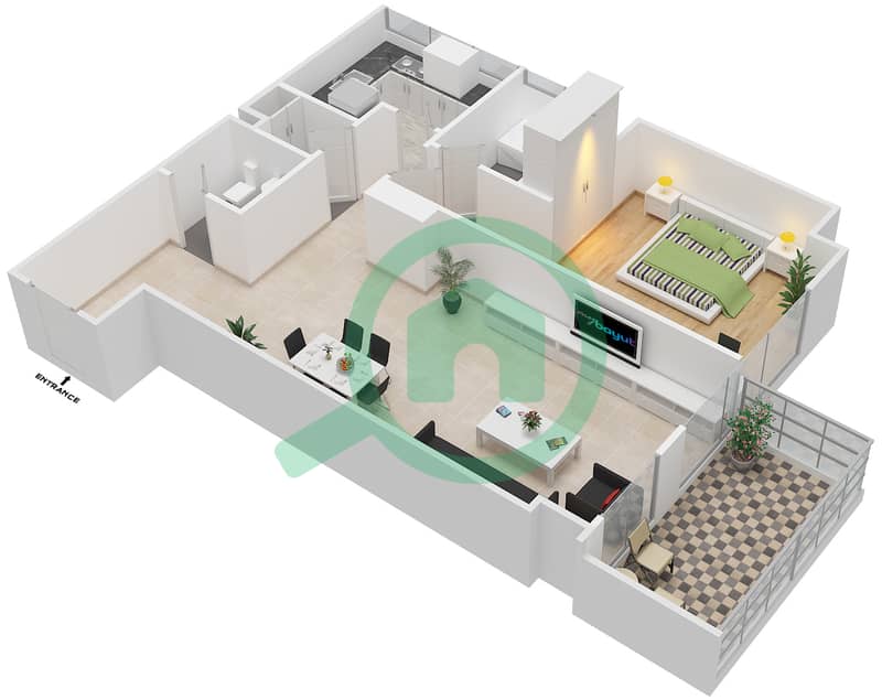 Ajman One Towers - 1 Bedroom Apartment Type B Floor plan interactive3D