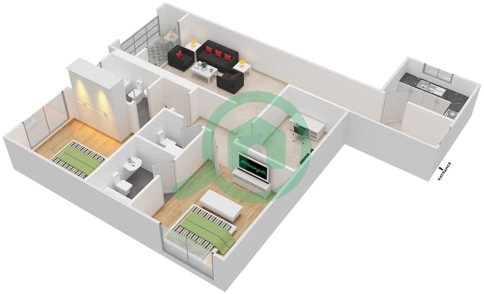 المخططات الطابقية لتصميم النموذج D شقة 2 غرفة نوم - برجي عجمان التوأم interactive3D