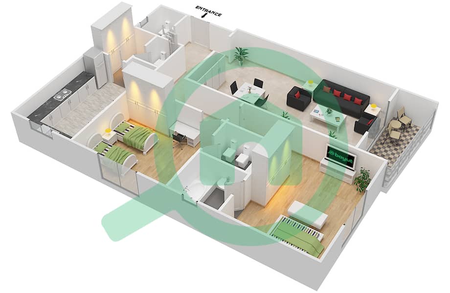 المخططات الطابقية لتصميم الوحدة 6 شقة 2 غرفة نوم - برج الندى interactive3D