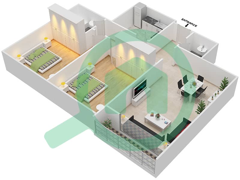 المخططات الطابقية لتصميم الوحدة 4 شقة 2 غرفة نوم - برج صن لايت interactive3D