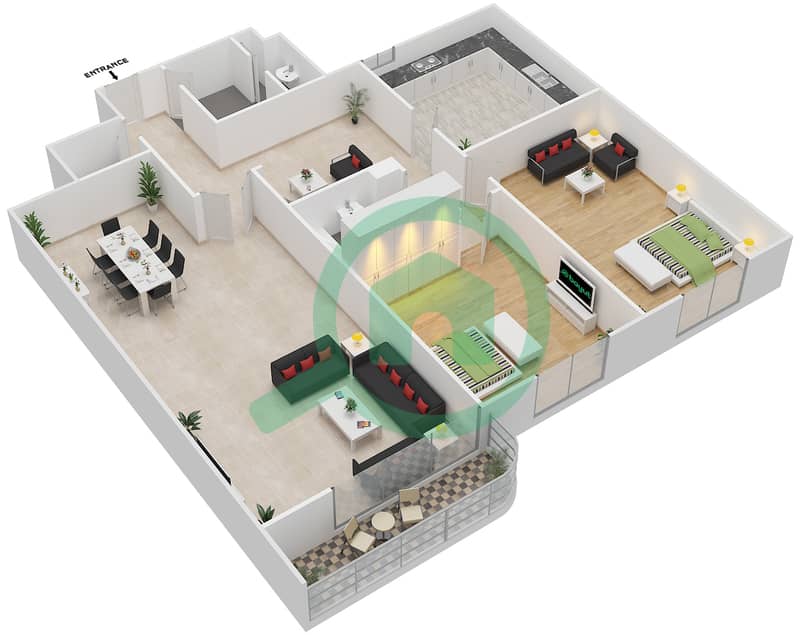 Al Noor Tower Sharjah - 2 Bedroom Apartment Type 2 Floor plan interactive3D