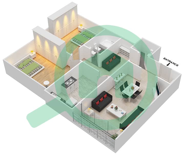المخططات الطابقية لتصميم الوحدة 5 شقة 2 غرفة نوم - برج صن لايت interactive3D