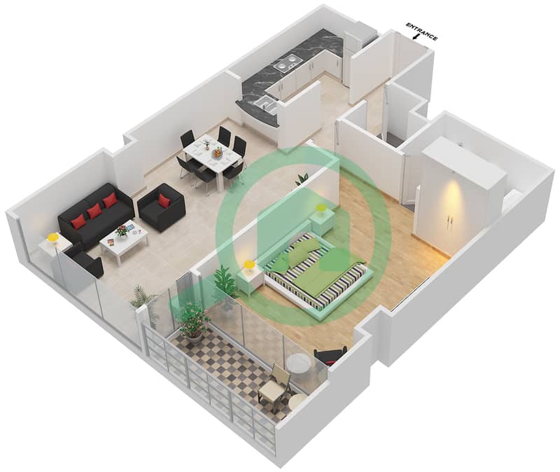 阿治曼第一大厦 - 1 卧室公寓类型C戶型图 interactive3D