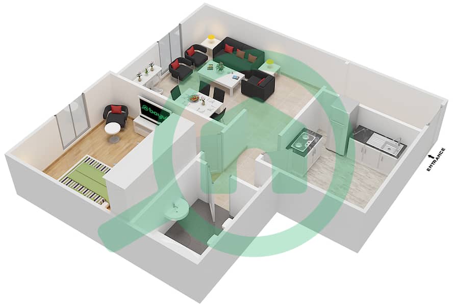 المخططات الطابقية لتصميم الوحدة 6 شقة 1 غرفة نوم - برج صن لايت interactive3D
