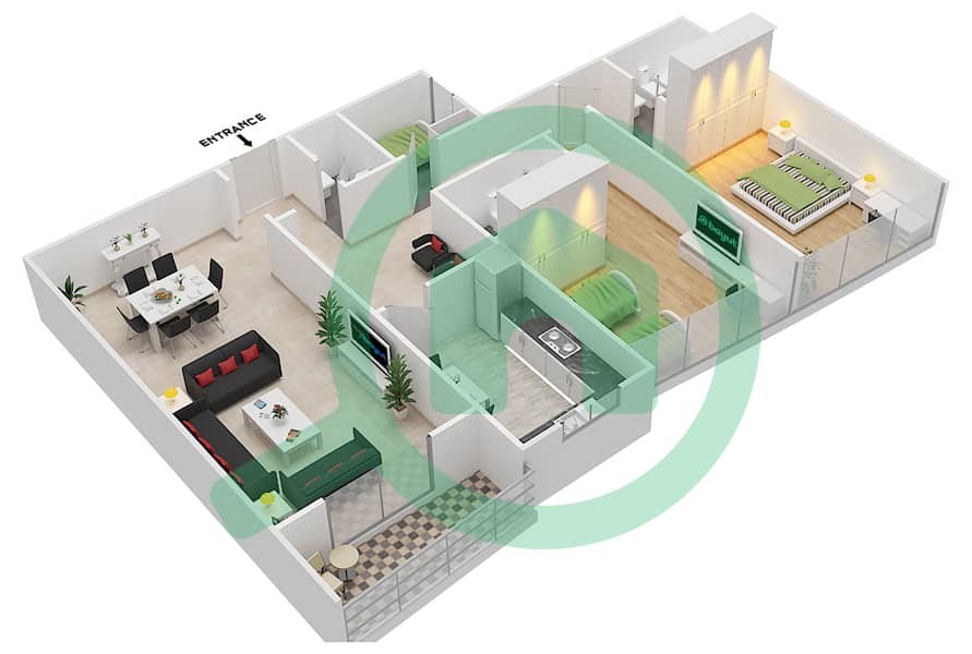 المخططات الطابقية لتصميم الوحدة 5 شقة 2 غرفة نوم - برج الندى interactive3D