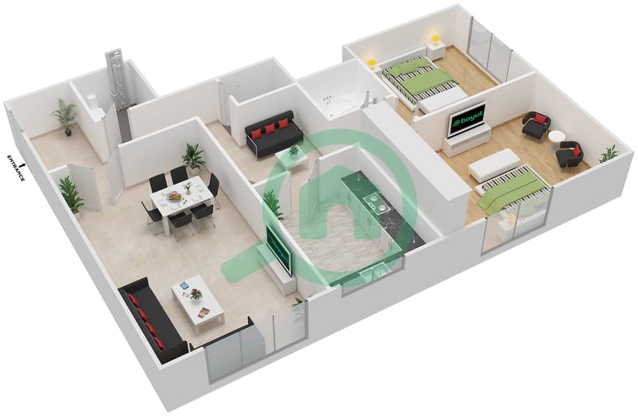 Al Noor Tower Sharjah - 2 Bedroom Apartment Type 6 Floor plan interactive3D