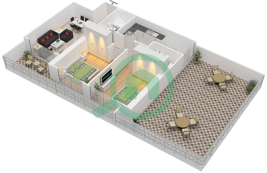 المخططات الطابقية لتصميم الوحدة 3 شقة 2 غرفة نوم - أبراج لؤلؤة عجمان interactive3D