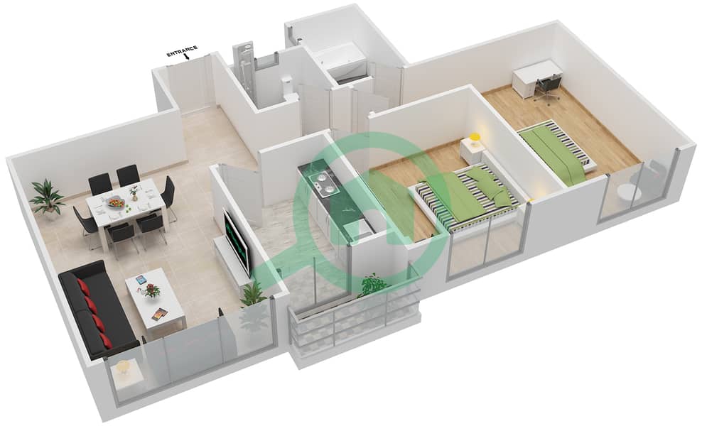 المخططات الطابقية لتصميم النموذج A1 شقة 2 غرفة نوم - أبراج اللوز interactive3D