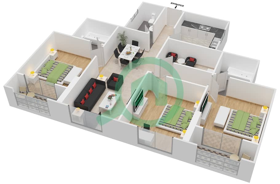 阿治曼双子大厦 - 3 卧室公寓类型E戶型图 interactive3D