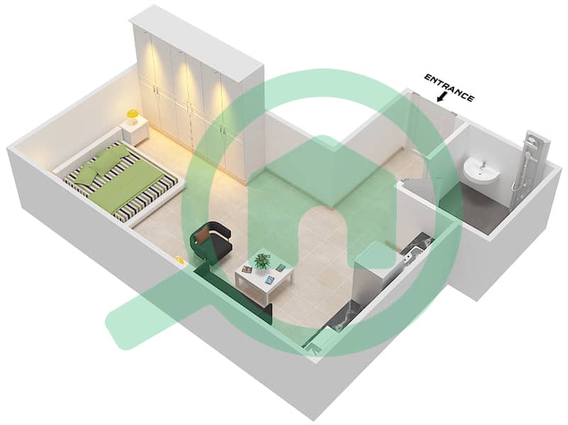 المخططات الطابقية لتصميم الوحدة 8 شقة استوديو - برج صن لايت interactive3D