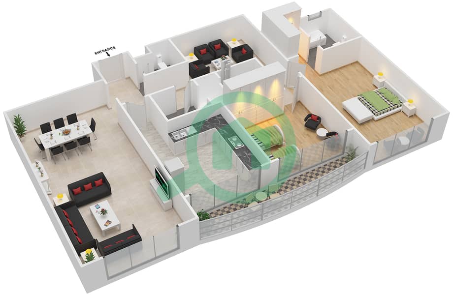 المخططات الطابقية لتصميم النموذج A - 2 شقة 2 غرفة نوم - برج الرند interactive3D