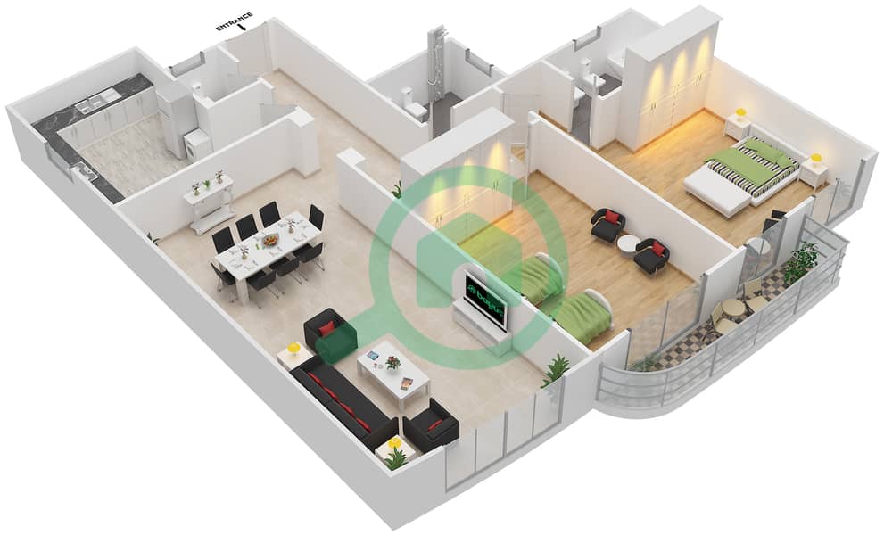 Аль Рунд Тауэр - Апартамент 2 Cпальни планировка Тип B - 2 interactive3D