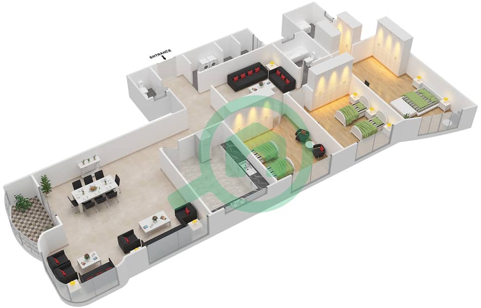 المخططات الطابقية لتصميم النموذج A - 1 شقة 3 غرف نوم - برج الرند interactive3D