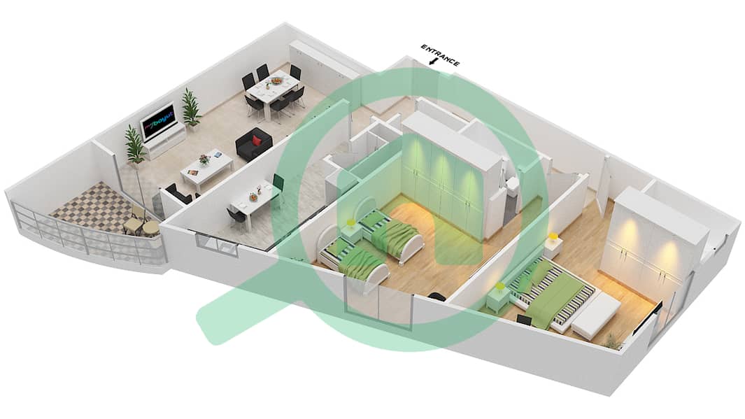 المخططات الطابقية لتصميم الوحدة 2 شقة 2 غرفة نوم - برج الندى interactive3D