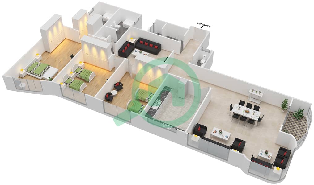 Аль Рунд Тауэр - Апартамент 3 Cпальни планировка Тип B - 1 interactive3D