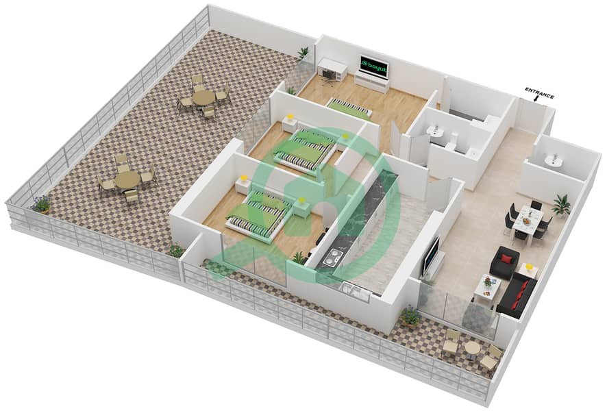 阿治曼珍珠大厦 - 3 卧室公寓单位6-3BR戶型图 interactive3D