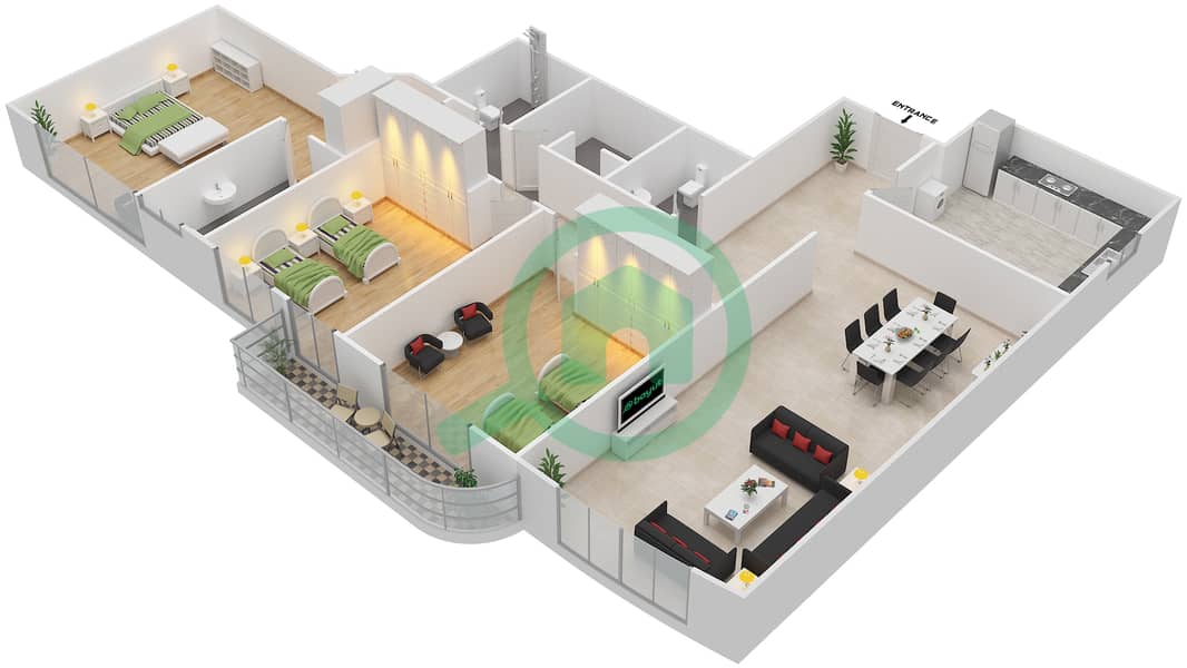 المخططات الطابقية لتصميم النموذج C شقة 3 غرف نوم - برج الرند interactive3D