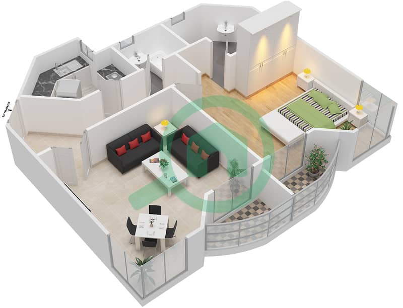 المخططات الطابقية لتصميم النموذج A5 شقة 1 غرفة نوم - أبراج الخور interactive3D