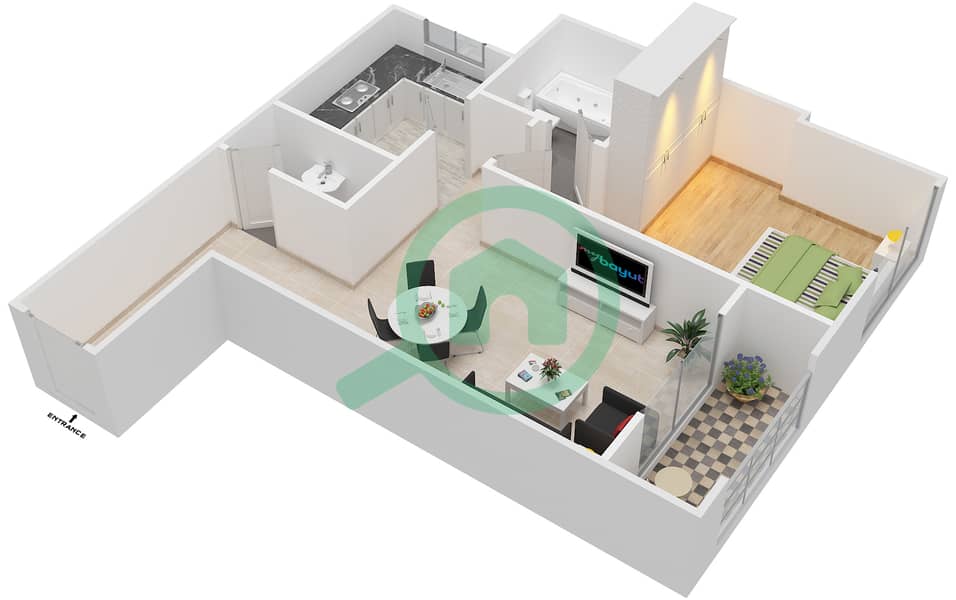 المخططات الطابقية لتصميم النموذج C شقة 1 غرفة نوم - برجي عجمان التوأم interactive3D