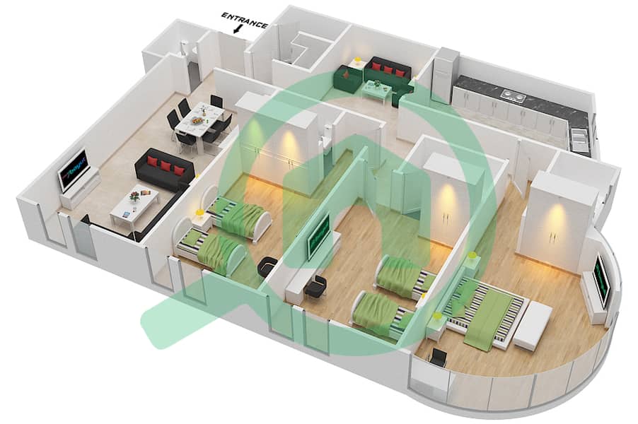 Al Nada Tower - 3 Bedroom Apartment Unit 4 Floor plan interactive3D