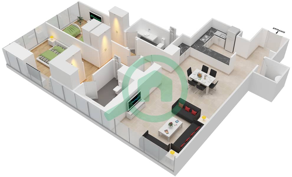 Al Khaled Tower - 2 Bedroom Apartment Unit 1-6 Floor plan interactive3D