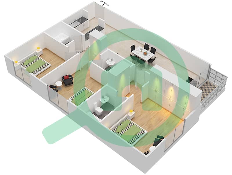المخططات الطابقية لتصميم النموذج A1 شقة 3 غرف نوم - بارادايس ليك B4 interactive3D