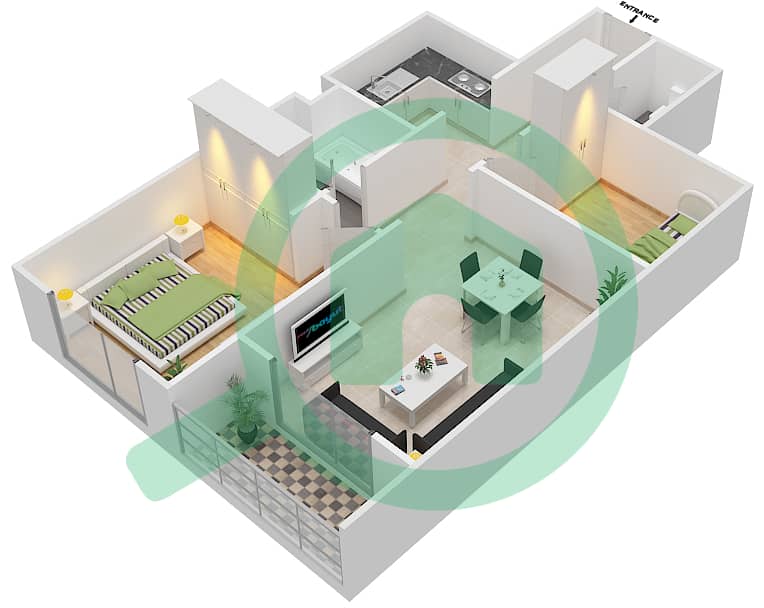 天堂湖畔B2大厦 - 1 卧室公寓类型B1戶型图 interactive3D